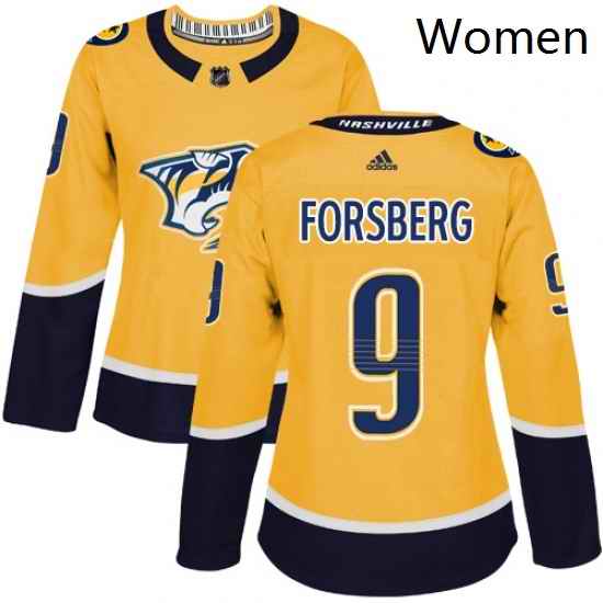 Womens Adidas Nashville Predators 9 Filip Forsberg Authentic Gold Home NHL Jersey